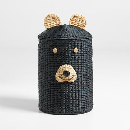 Panier à linge tressé pour enfants avec anses, motif ours.