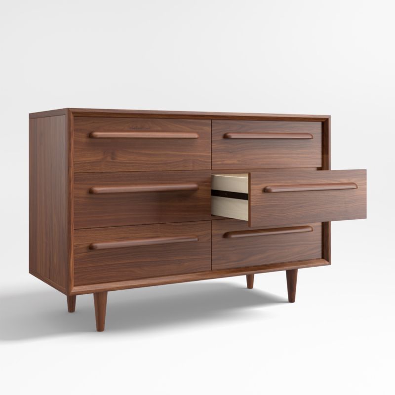 Commode à 6 tiroirs larges en bois de noyer style milieu du siècle pour enfants Tatum